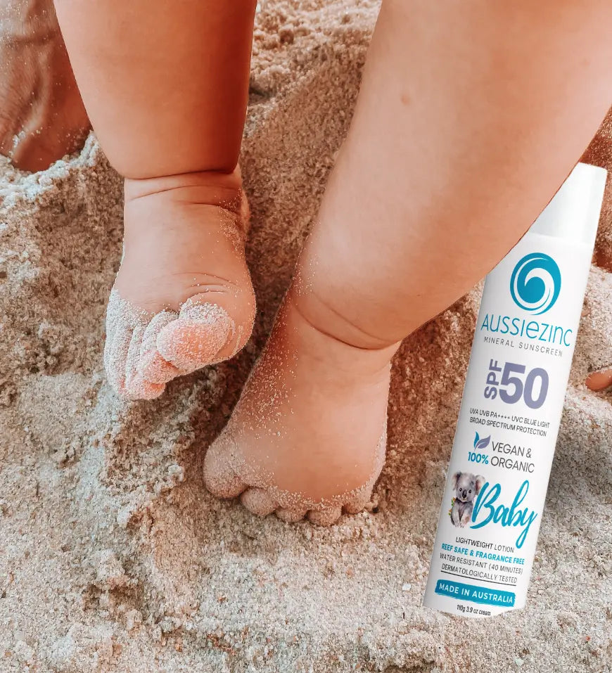 AussieZinc Baby Sunscreen is an ultra-gentle, non-toxic sun protection solution specially formulated for babies. Fragrance Free with 100% natural, organic and vegan ingredients, this sunscreen provides SPF50+ protection using only non-nano particles of zinc oxide. Free from nasty chemicals, our mineral baby sunscreen ensures a tear-free application that's safe for your baby and soothing for sensitive skin. Lightweight, moisturising, invisible finish.