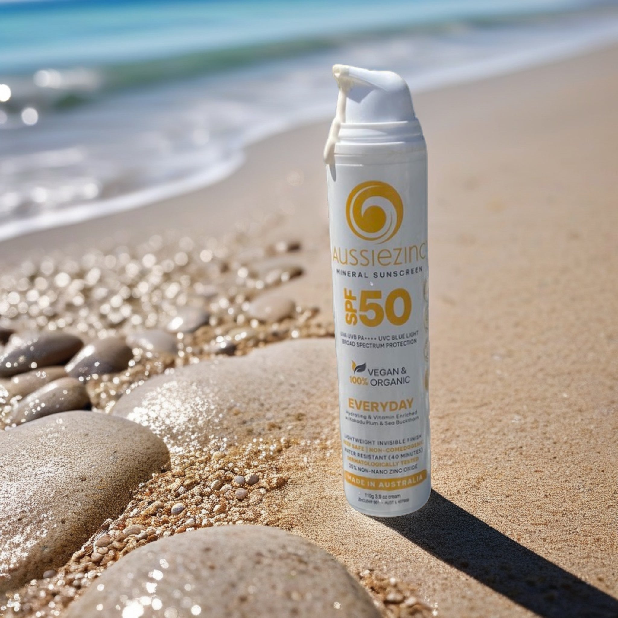AussieZinc Everyday Sunscreen is a versatile, family-friendly formula suitable for daily protection. Made with 100% natural, organic and vegan ingredients, this sunscreen provides SPF50+ protection using only non-nano particles of zinc oxide. Free from nasty chemicals, our mineral everyday sunscreen ensures reliable protection for all skin types and outdoor activities. Lightweight and non-greasy, invisible finish. Added organic grapeseed oil for a natural and subtle fragrance. 