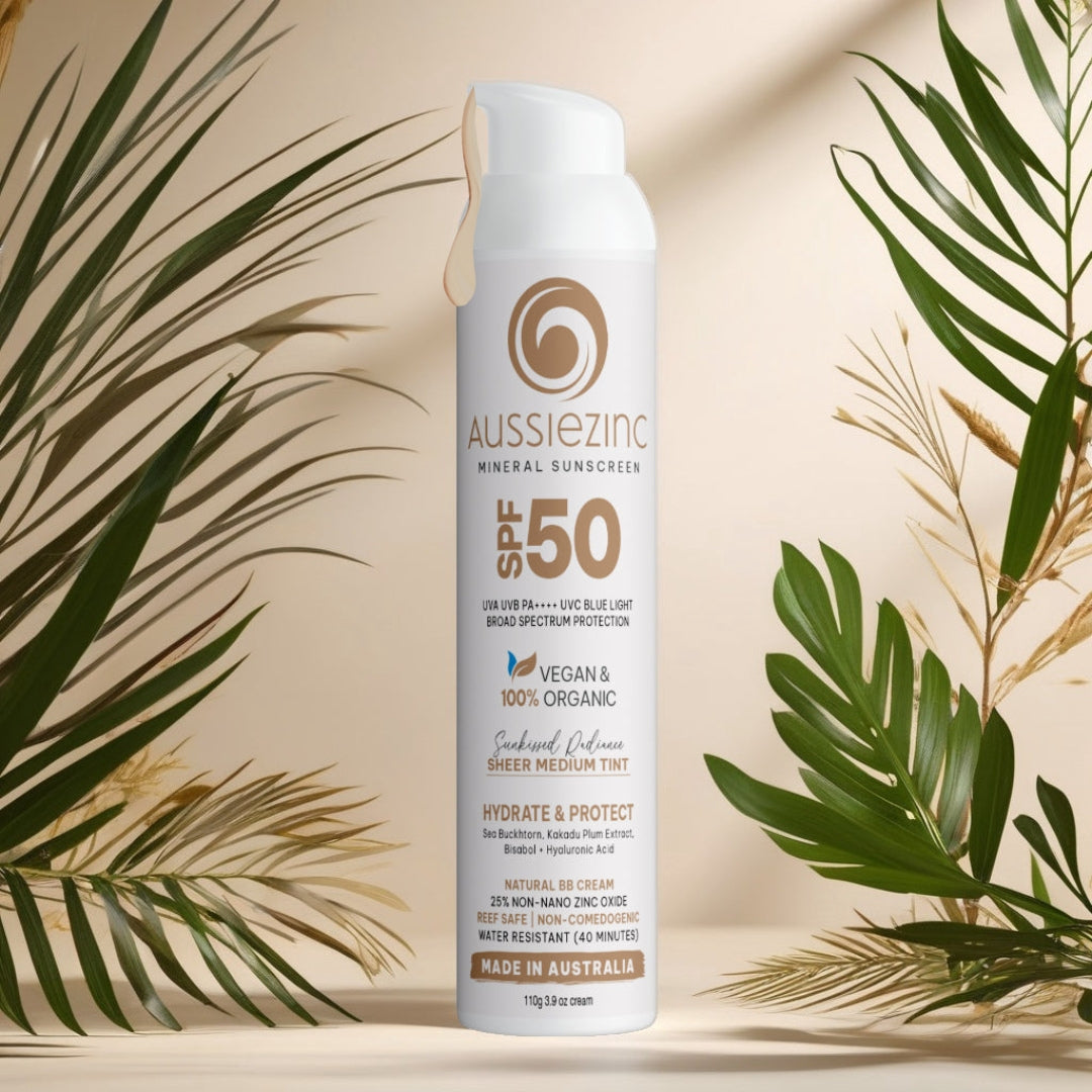 Sheer Medium Tint SPF50+ Hydrating Organic Mineral Zinc Sunscreen BB Cream - AussieZinc Mineral Sunscreen