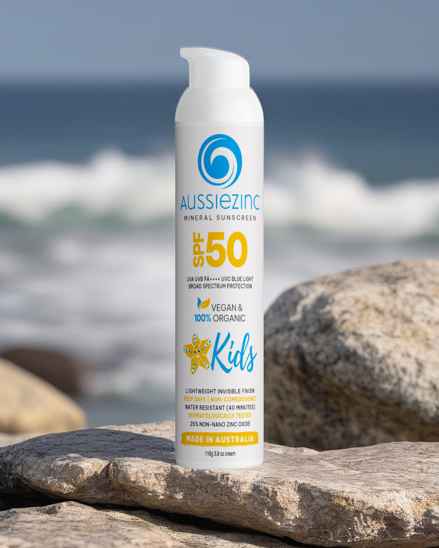 AussieZinc Kids SPF50 Organic Mineral Zinc Sunscreen - lightweight and water-resistant for active kids, reef-safe.